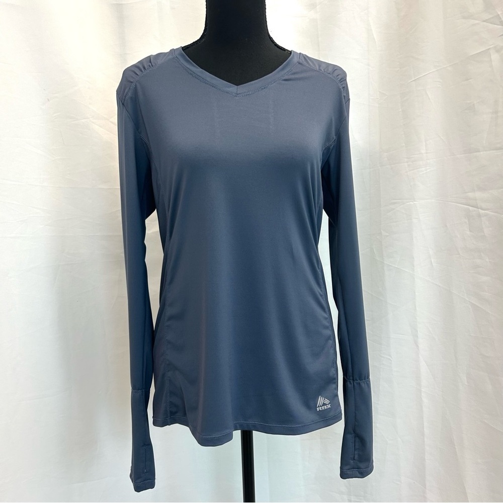RBX blue gray long sleeve ruched V-neck activewear fitness athletic running top